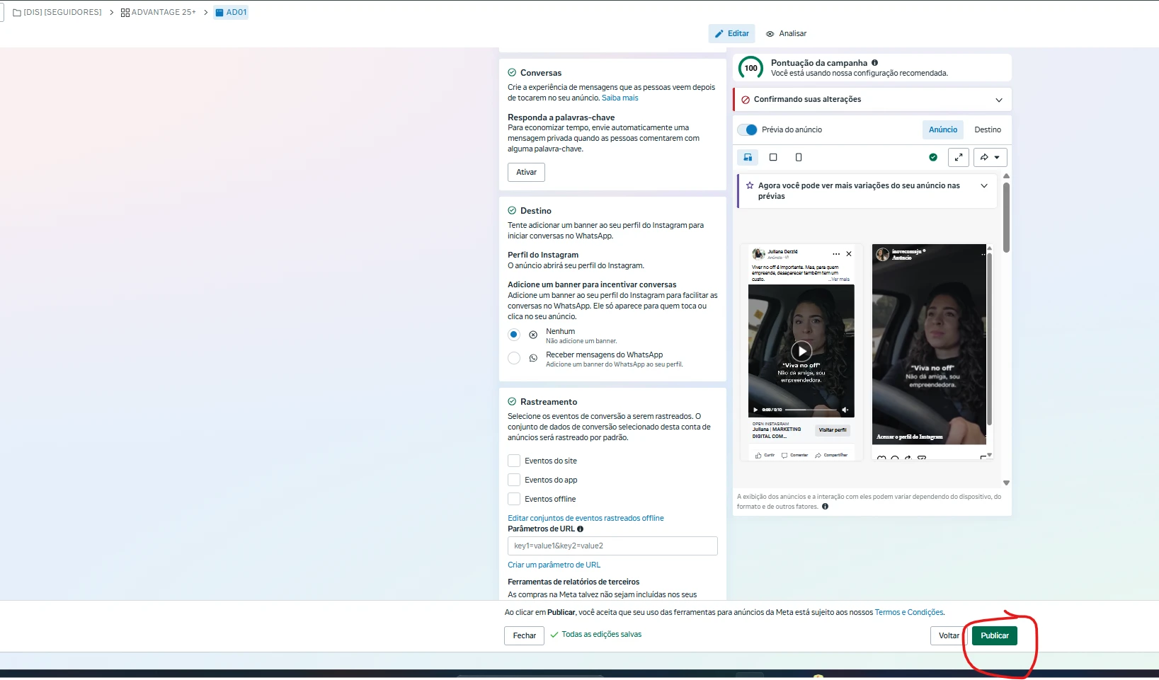 Destino perfil do Instagram e publicar